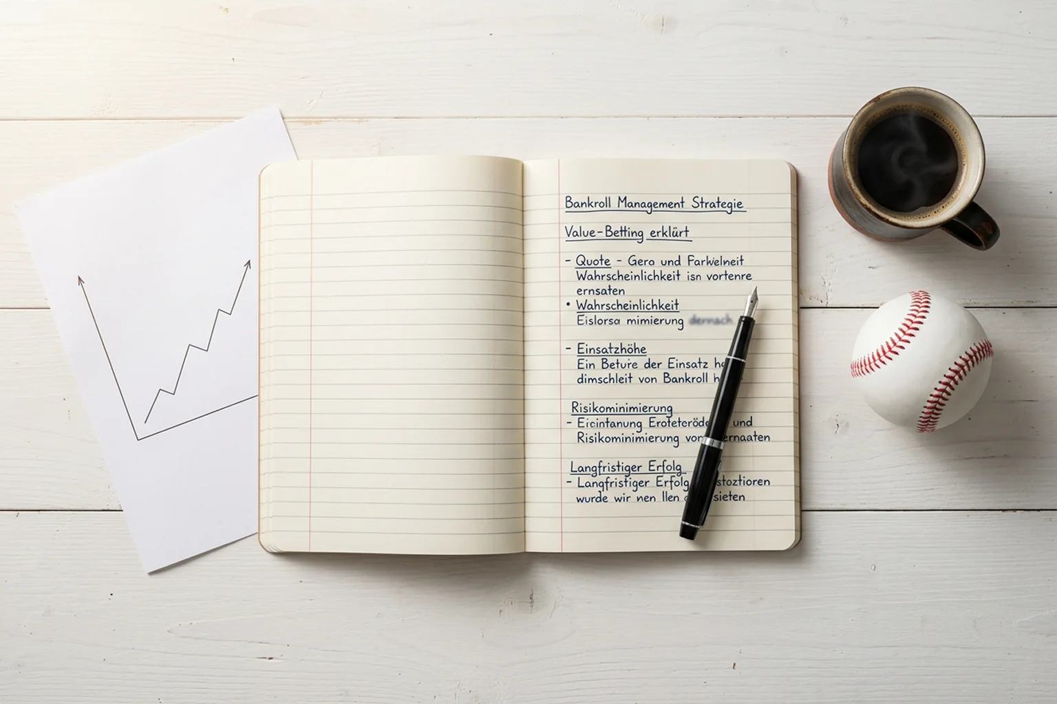 Notizbuch mit Value-Betting-Strategie, Bankroll-Planung und Baseball auf Schreibtisch