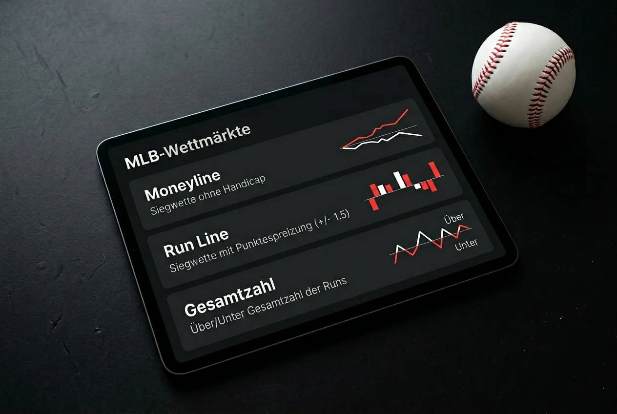 Modernes MLB-Wettanalyse-Panel mit Moneyline, Run Line und Totals auf schwarzem Hintergrund