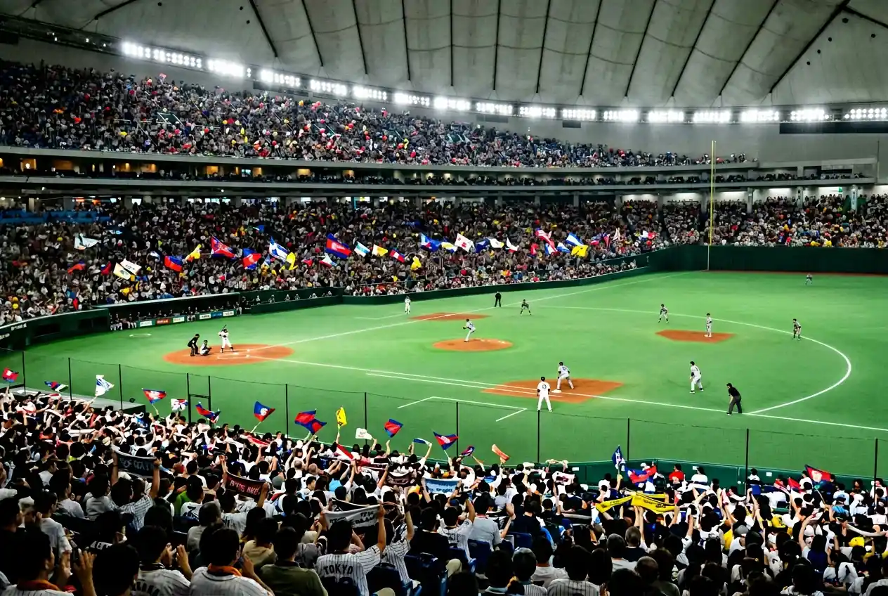 Japanisches NPB-Baseballstadion bei Nacht mit Fans und Spielatmosphäre